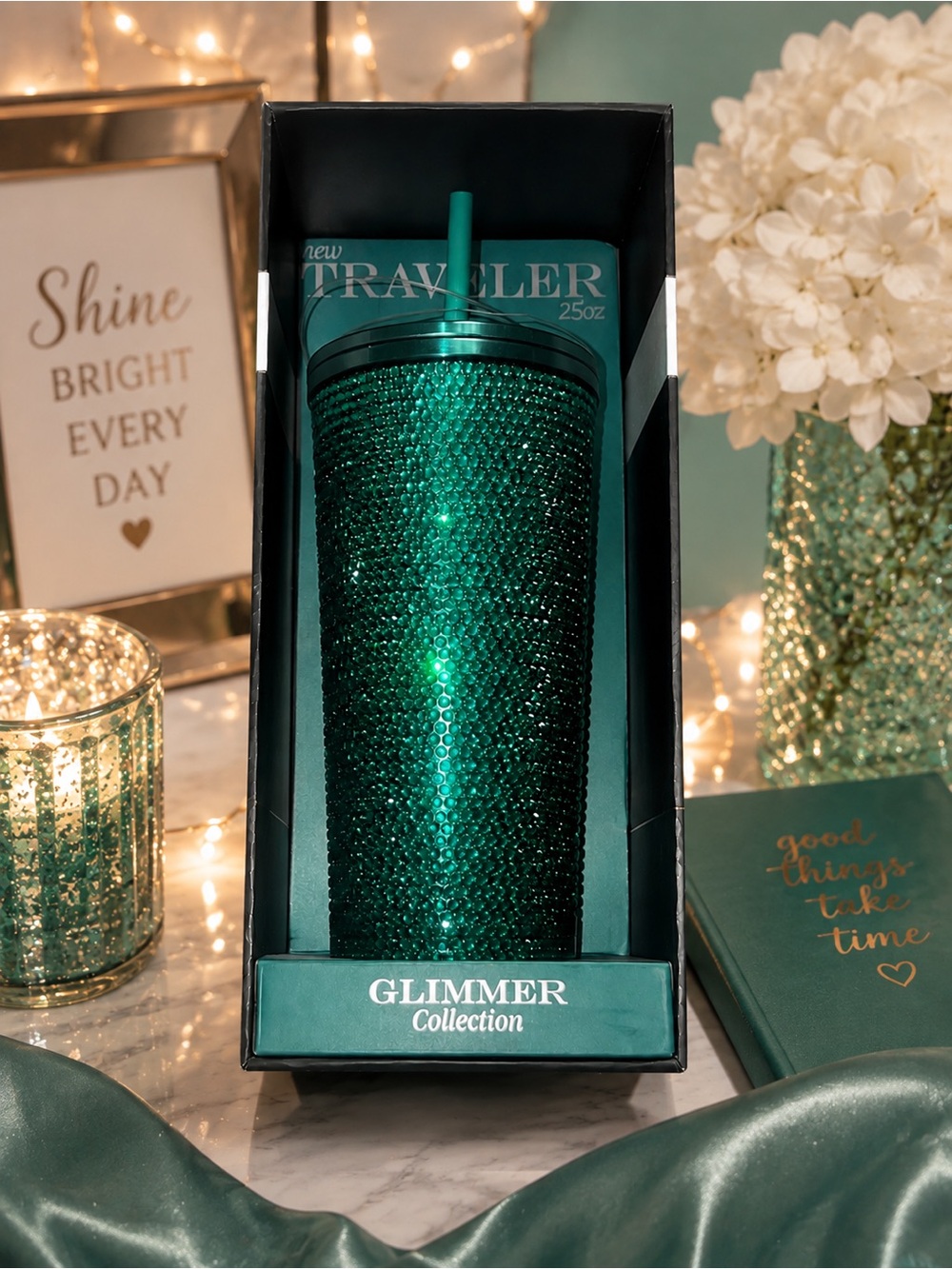 Hydrapeak 25oz Traveler Glimmer Collection Rhinestone Tumbler – Emerald Green